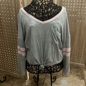 Teens/women’s top NWT grey soft top with detailed pink stripes on sleeves.